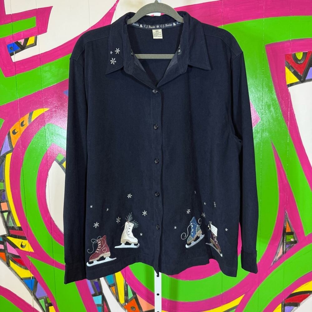 C.J. Banks, Navy Blue Button Up Top, Winter Embroidery. Size 16W. Excellent cond